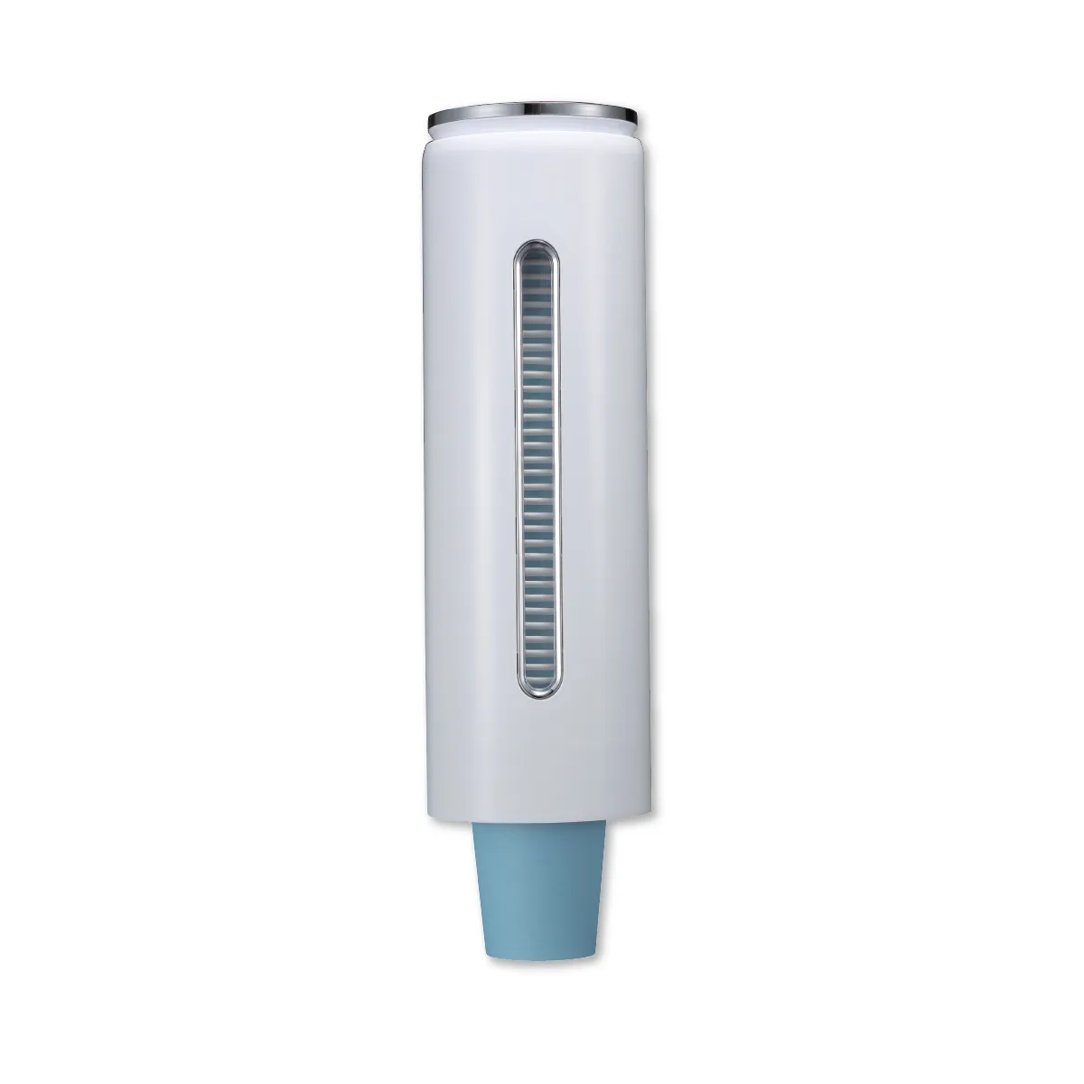 Weißer Becherspender von Premium Plus mit Sichtfenster und blauer Gummiöffnung, ideal zur hygienischen Entnahme von Einwegbechern in der Zahnarztpraxis oder im Labor.