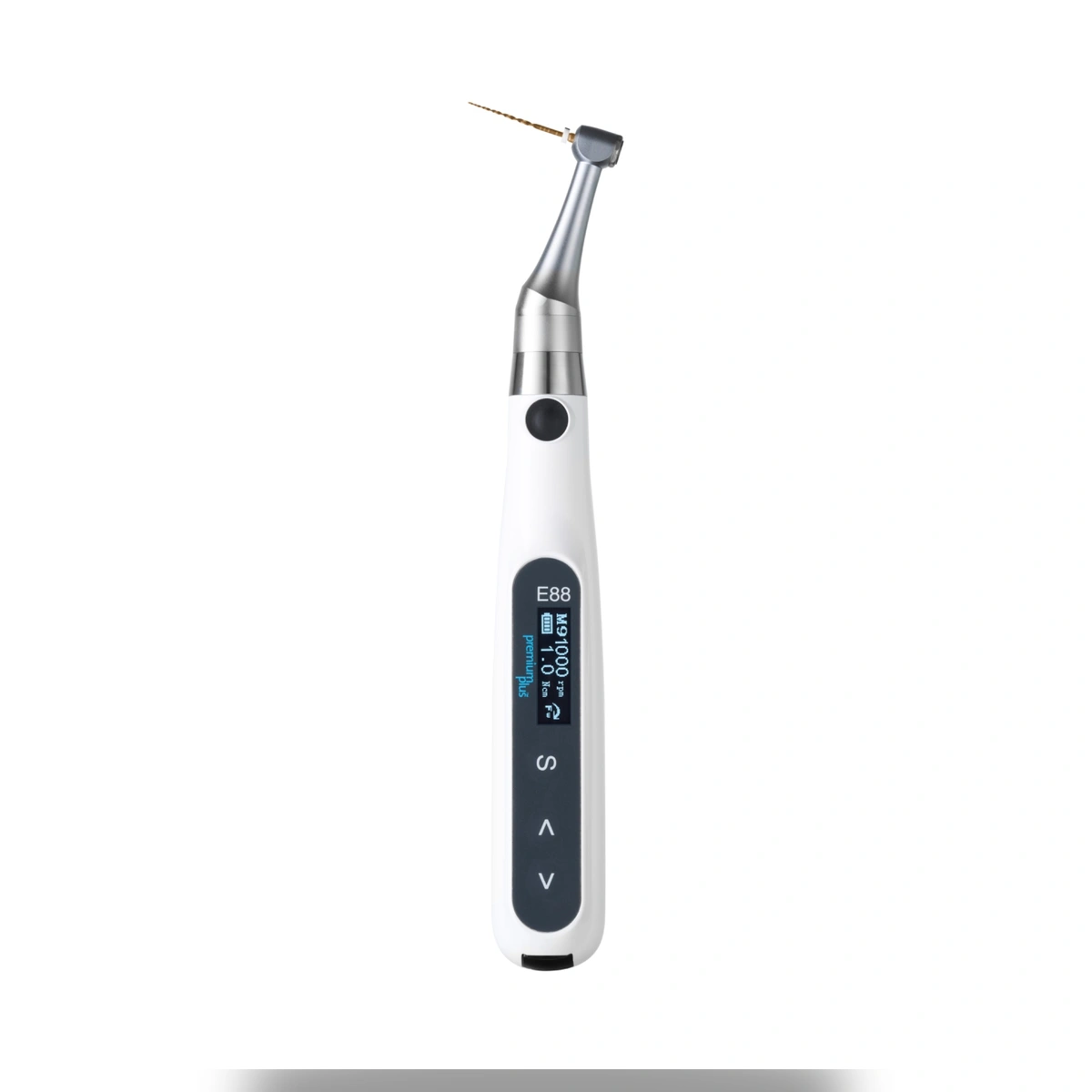 Premium Plus Endomotor E88 mit Feile im Winkelstück, modernes Endodontie-Handstück.