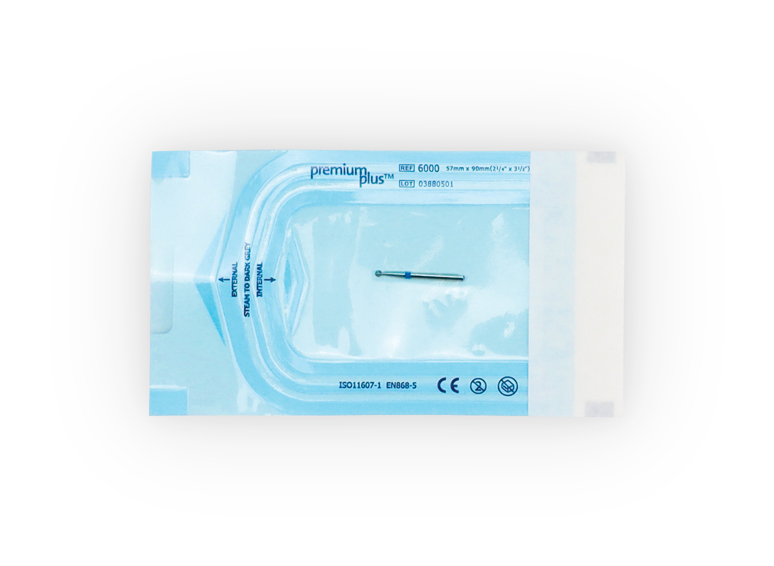 Premium Plus Sterilisationsbeutel Größe 6000 (57 × 90 mm) mit integriertem Sterilisationsindikator, Instrument eingeschweißt. CE-zertifiziert, latexfrei, dampfsterilisierbar.