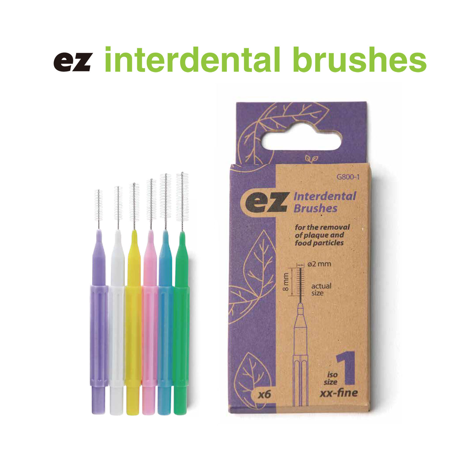EZ Interdental Brushes with eco-friendly packaging and color-coded handles for dental hygiene.