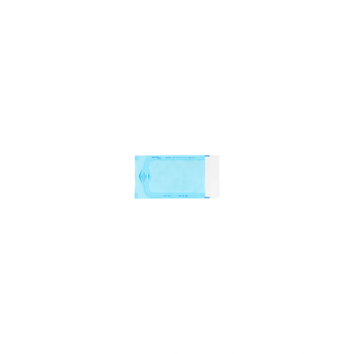 Leerer Premium Plus Sterilisationsbeutel Größe 6003 (90 × 145 mm), flachliegend, transparent-blau mit Sterilisationsindikator und CE-Kennzeichnung. Latexfrei und MD-zertifiziert.