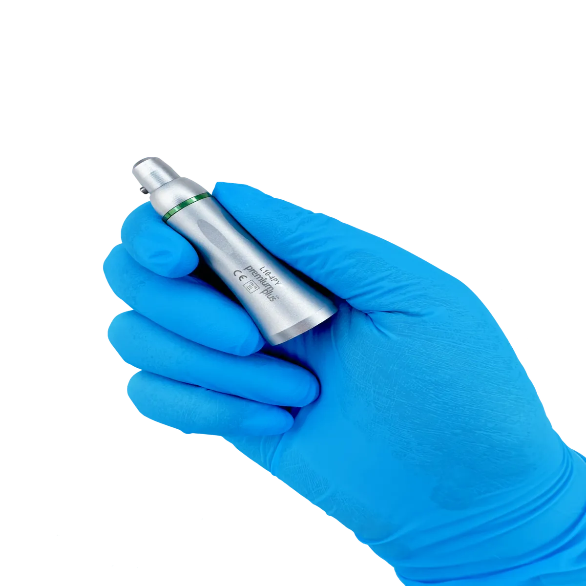 Premium Plus Prophylaxe Handstück L10-4PY in blauer Handschuhhand für präzise Zahnreinigung
