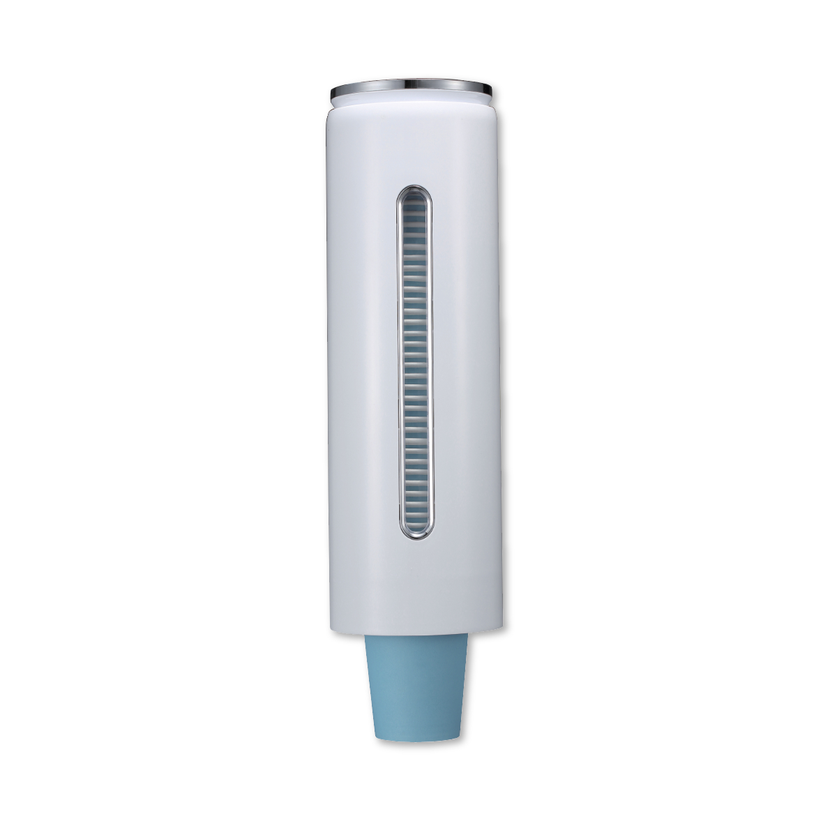 Premium Plus Becherspender – hygienischer Einwegbecherhalter für Wandmontage Weißer Becherspender von Premium Plus mit Sichtfenster und blauer Gummiöffnung, ideal zur hygienischen Entnahme von Einwegbechern in der Zahnarztpraxis oder im Labor.