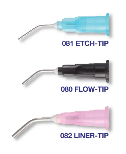 Dental-Tips: 080 Flow-Tip (schwarz), 081 Etch-Tip (blau), 082 Liner-Tip (pink)