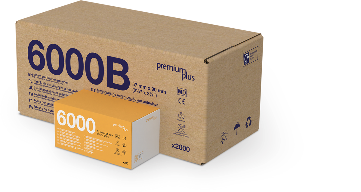 Verpackung der Premium Plus Sterilisationsbeutel 6000 und 6000B in Größe 57 × 90 mm. Autoklavierbar, latexfrei, einzeln verwendbar – ideal für Praxis und Labor.