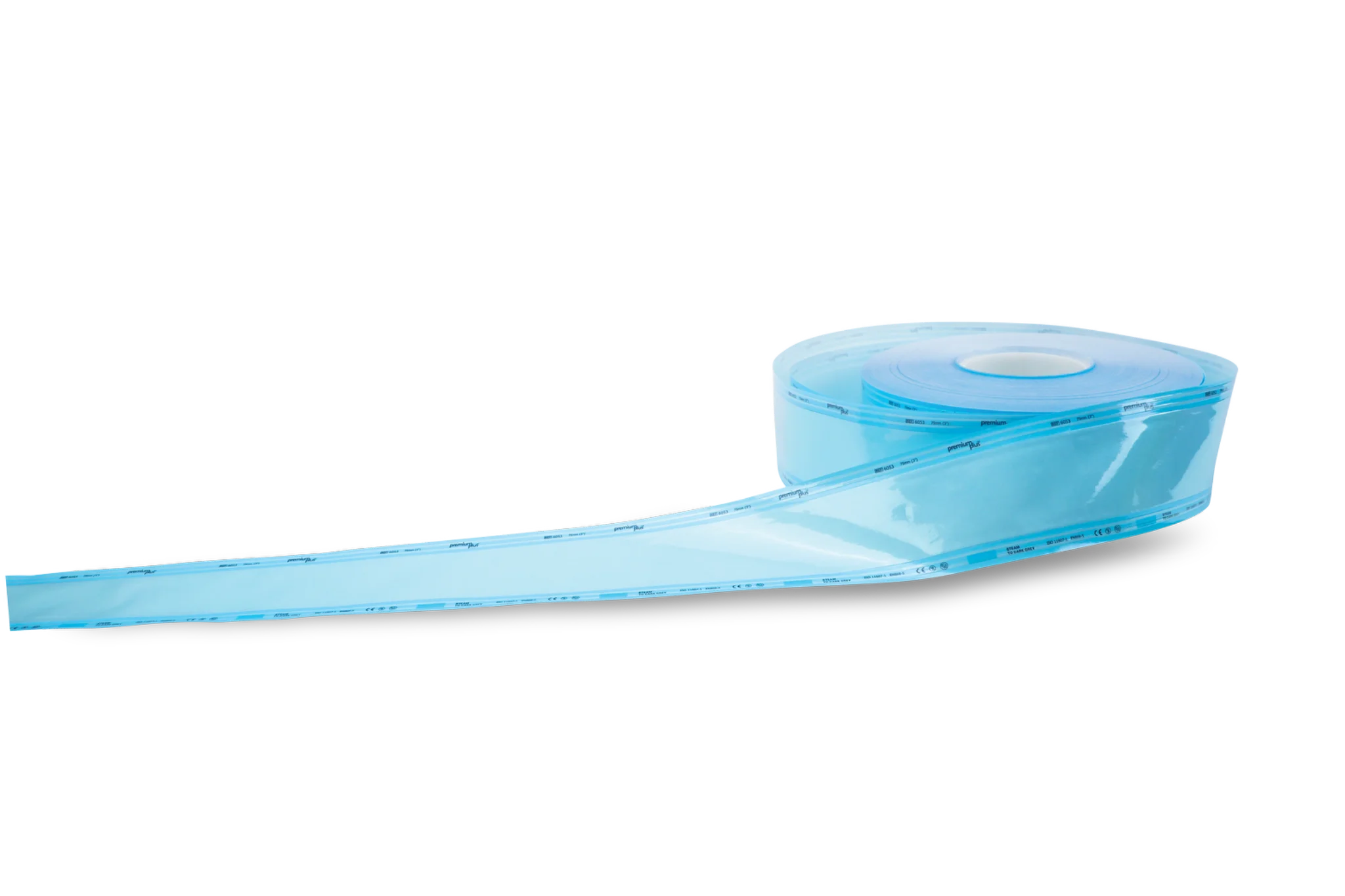 Premium Plus Sterilisationsrolle 6053 mit 75mm Breite, teilweise abgerollt für die Darstellung der Verpackungslänge