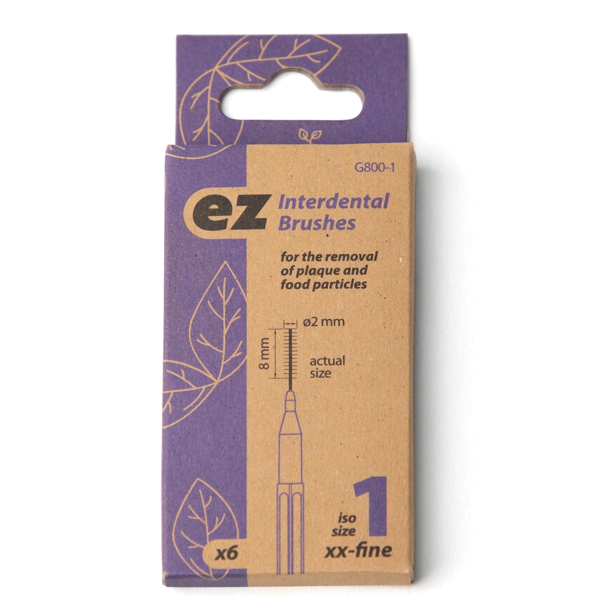 Eco-friendly packaging of EZ Interdental Brushes, size 1, for plaque and food removal.