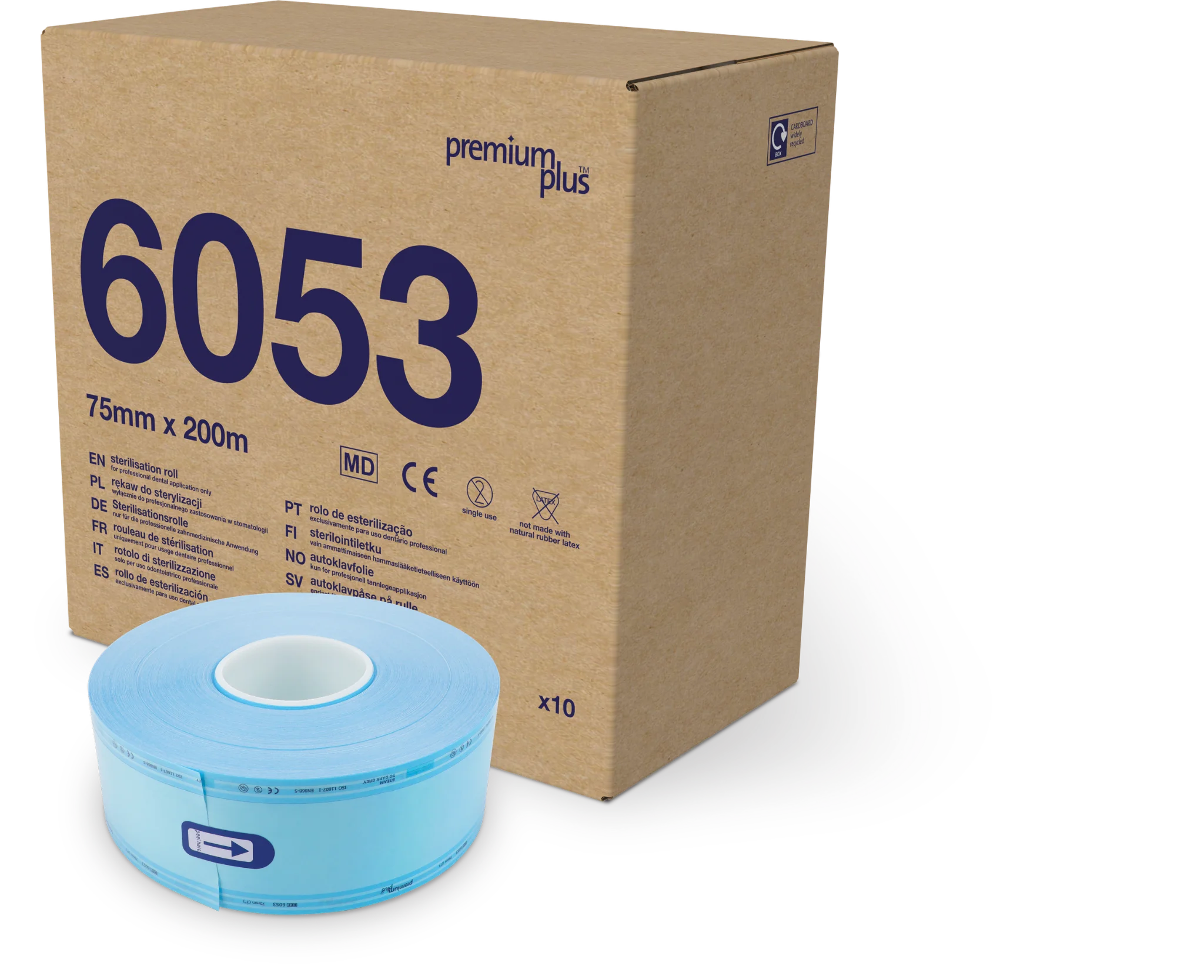 Verpackungseinheit Premium Plus Sterilisationsrollen 6053 Versandkarton mit 10 Premium Plus Sterilisationsrollen REF 6053, 75mm x 200m für die medizinische Sterilisation