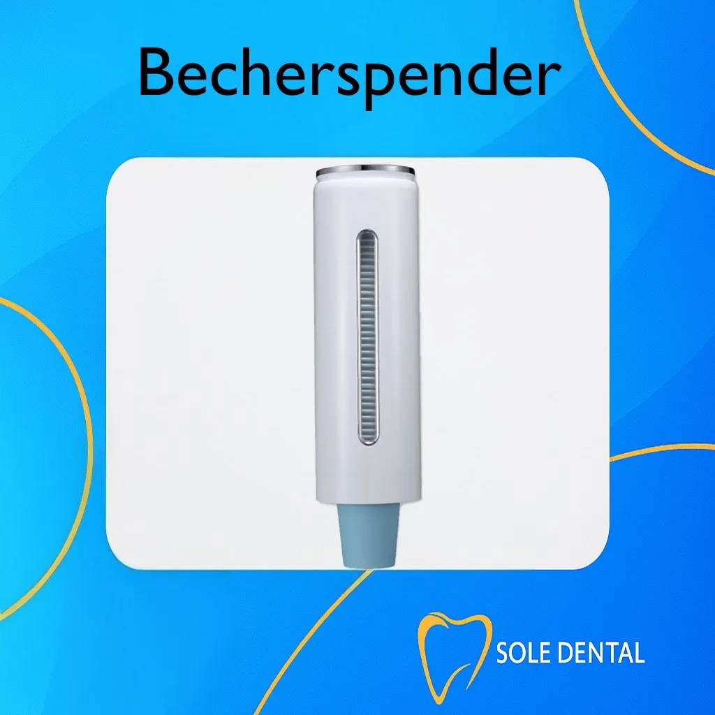 Weißer Becherspender von Premium Plus mit Sichtfenster und blauer Gummiöffnung, ideal zur hygienischen Entnahme von Einwegbechern in der Zahnarztpraxis oder im Labor.