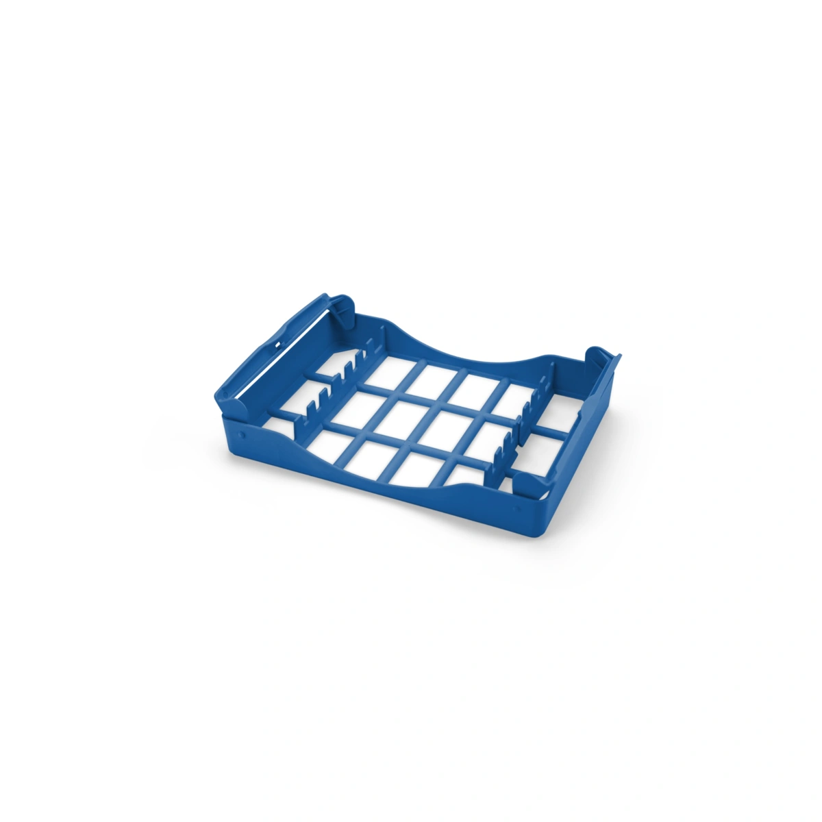 Dunkelblauer Sterilisationskorb für Dentalinstrumente – robust, hitzebeständig und langlebig.