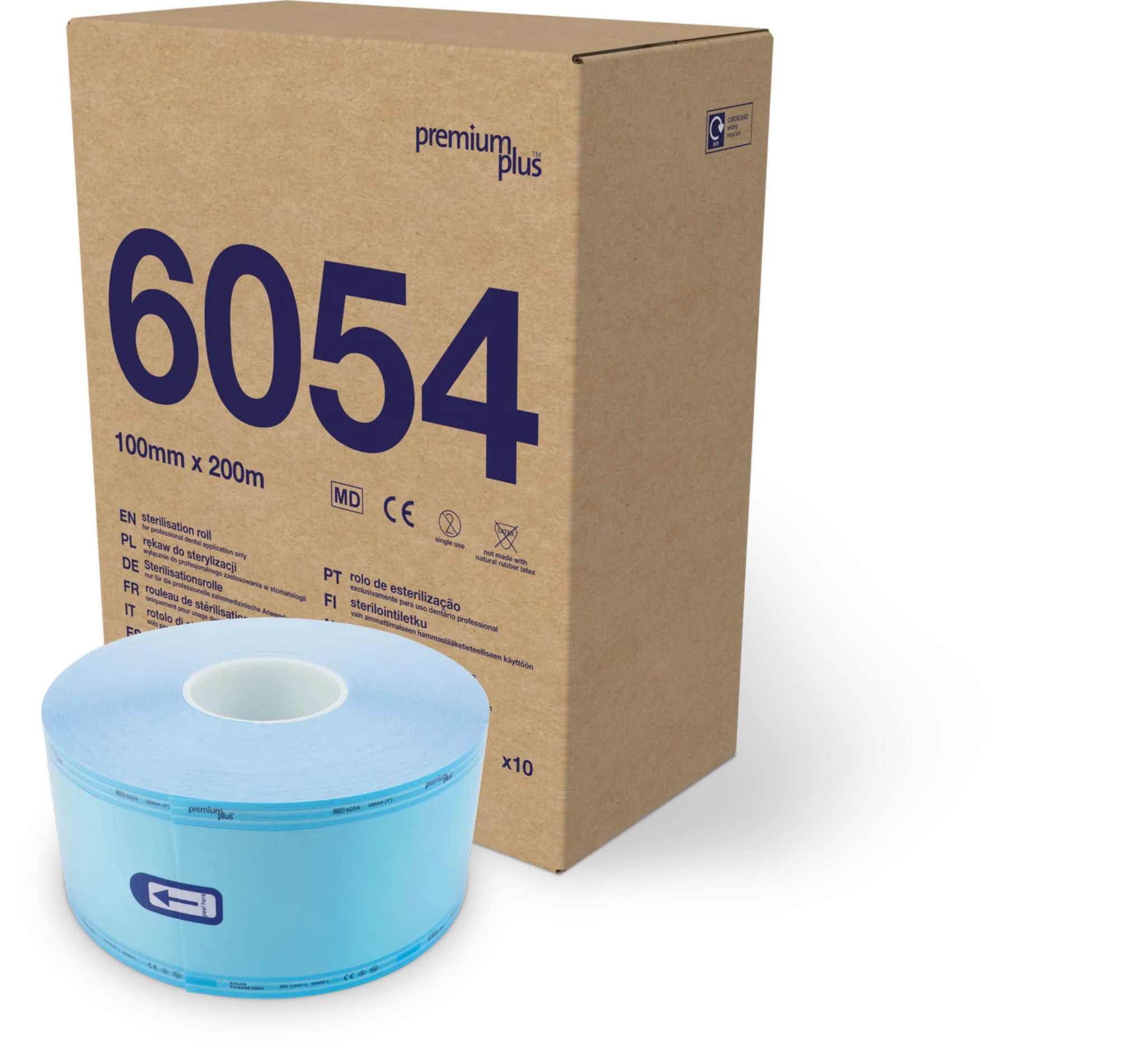 Sterilisationsrolle 6054 mit Verpackung remium Plus,"Verpackte 10er Box der Premium Plus Sterilisationsrollen, 100mm x 200m"