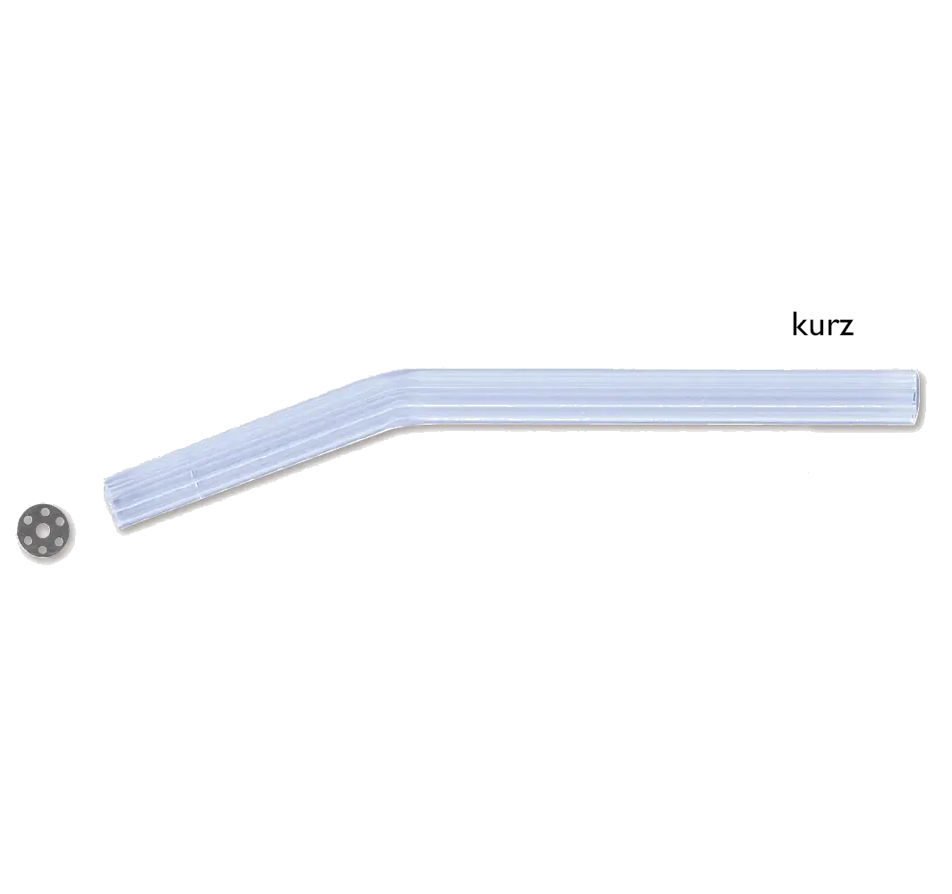 Kurze transparente Absaugkanüle für die Zahnarztpraxis, ideal für präzises Absaugen.