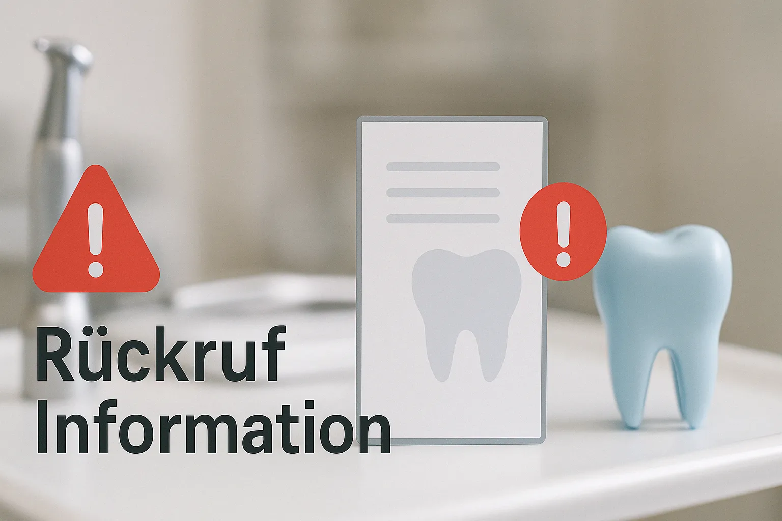 Warnsymbol mit Ausrufezeichen, Dokument mit Zahnillustration und Text Rückruf Information – Hinweis auf sicherheitsrelevanten Produktrückruf im Dentalbereich.