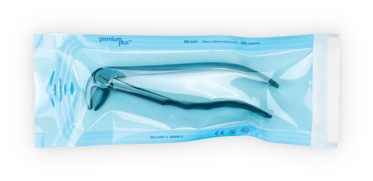 Sterilisationsbeutel Premium Plus 6007 – 90 x 230 mm mit dentalem Instrument