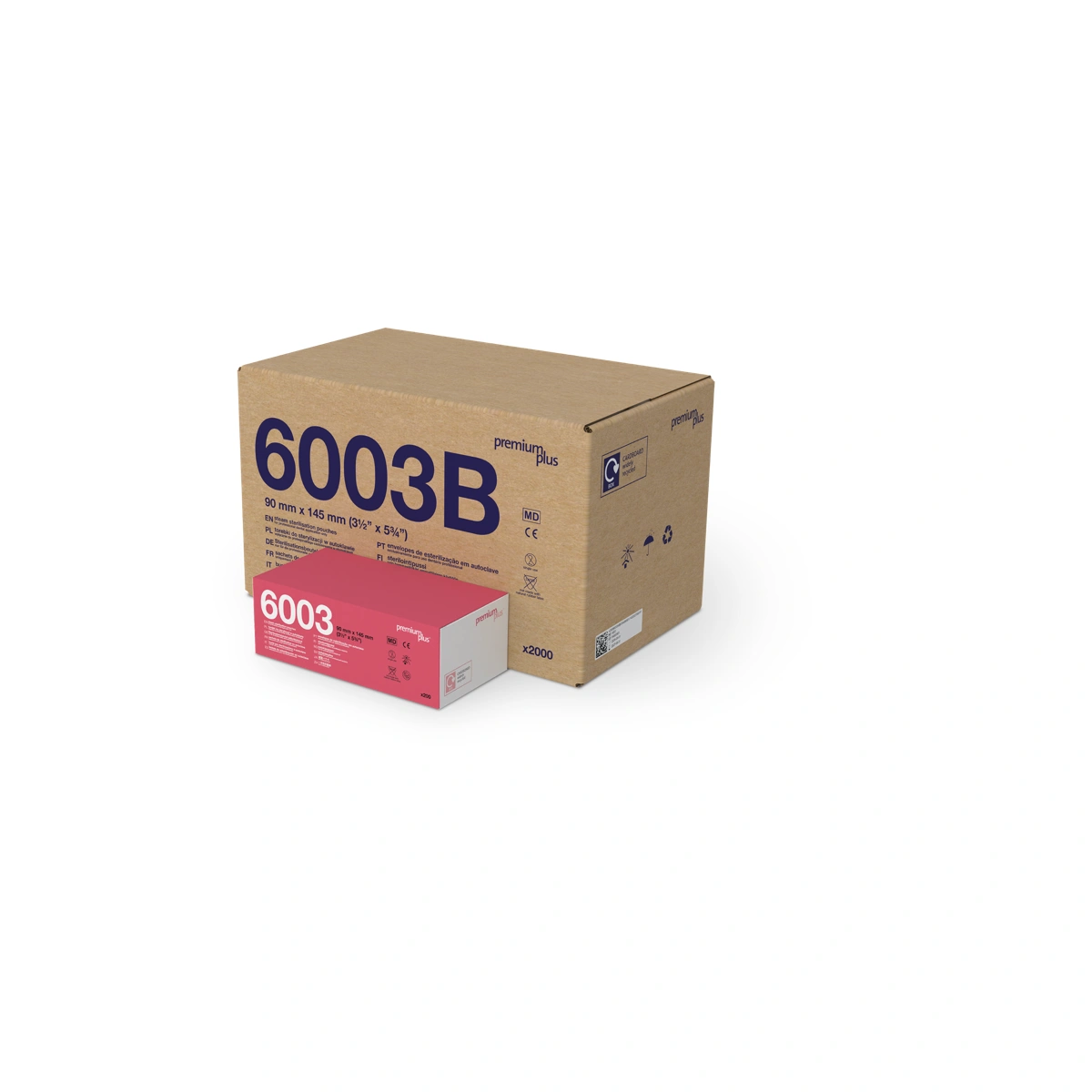 Premium Plus Sterilisationsbeutel 6003B – Größe 90 × 145 mm in Einzelkarton und Versandkarton. CE-zertifiziert, MD, latexfrei, geeignet für die Dampfsterilisation.