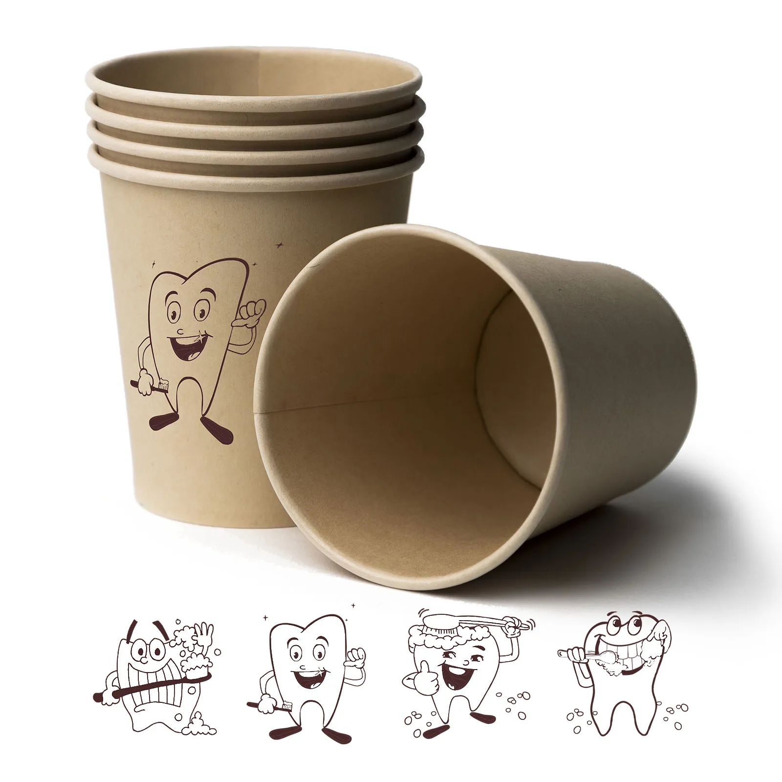 Ein Pappbecher mit lustigem Zahn Cartoon Motiv auf weißem Hintergrund