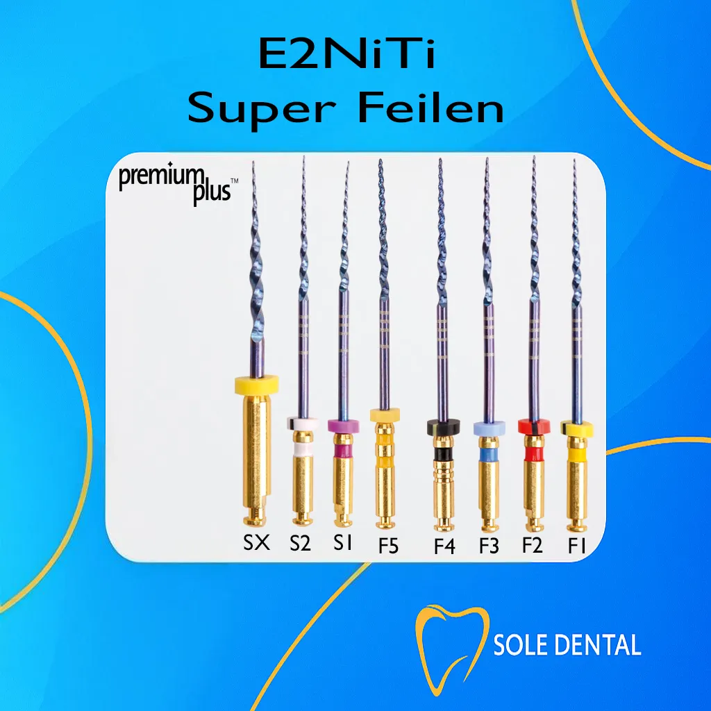 Premium Plus E02 Super Files Blue Endodontie-Feilen im Set mit verschiedenen Größen.