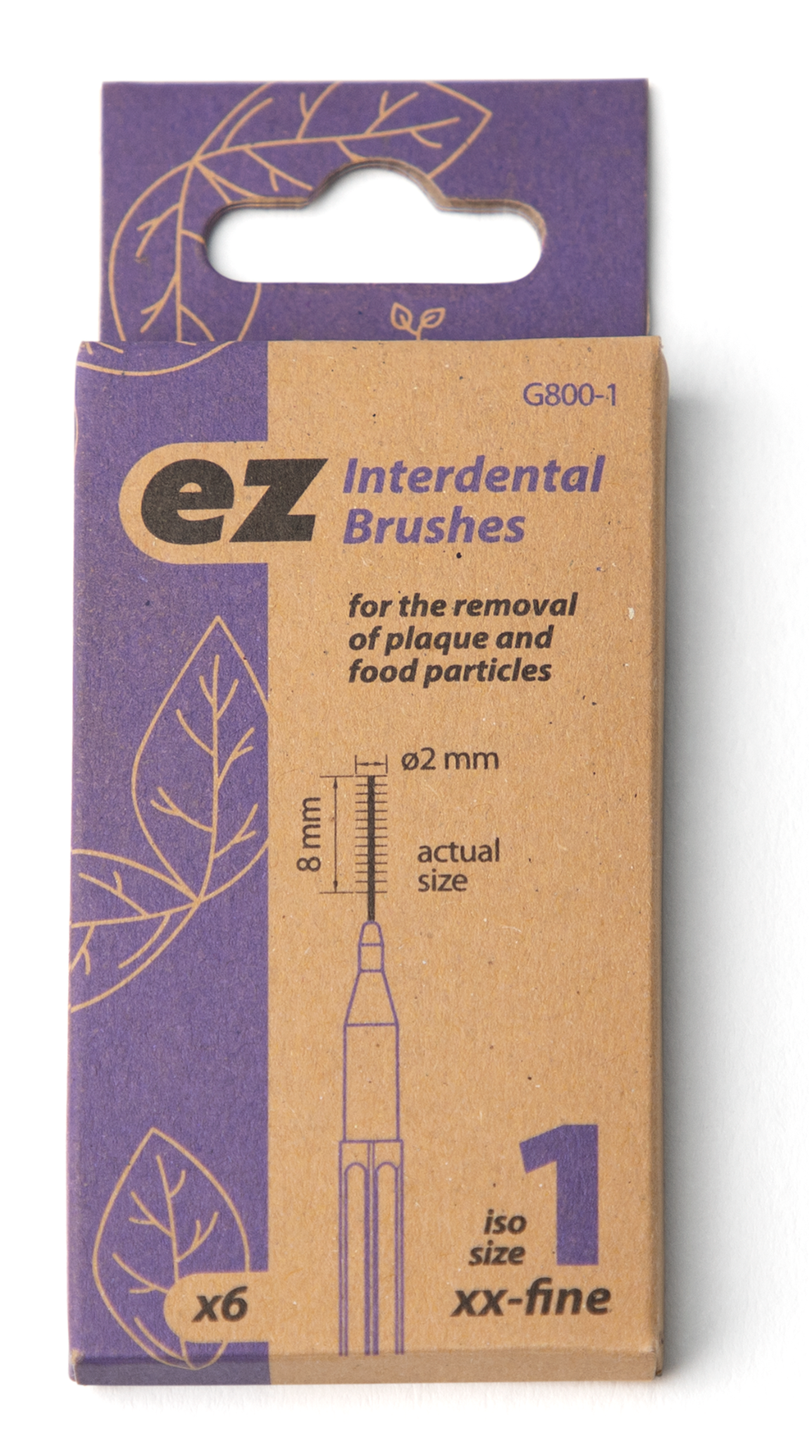 EZ Interdental Brushes Packaging - ISO Size 1 Eco-friendly packaging of EZ Interdental Brushes, size 1, for plaque and food removal.