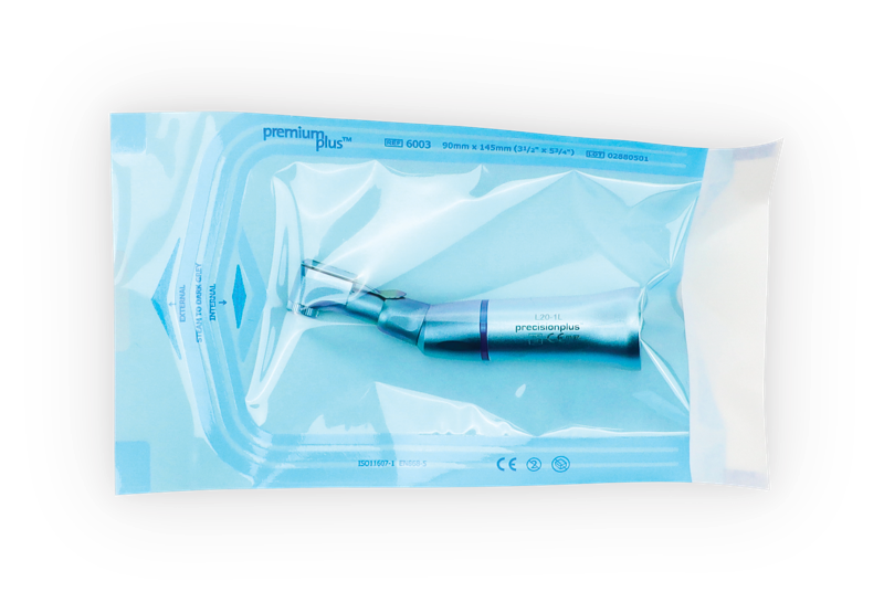 Sterilisationsbeutel Premium Plus 6003 mit eingesiegeltem Dental-Winkelstück. Größe 90 × 145 mm, dampfsterilisierbar, CE-zertifiziert, latexfrei.