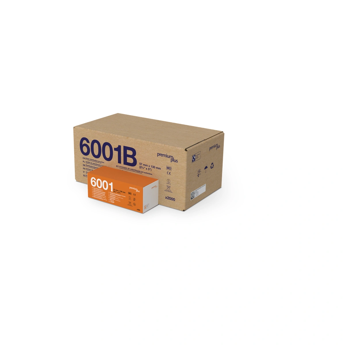 Premium Plus Sterilisationsbeutel 6001B – Größe 57 × 130 mm in Innen- und Außenverpackung. CE-zertifiziert, MD, Einweg, latexfrei.