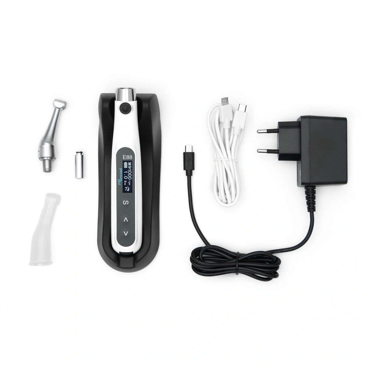Kompletter Packungsinhalt des Premium Plus E88 Endomotors inklusive Ladegerät und Zubehör