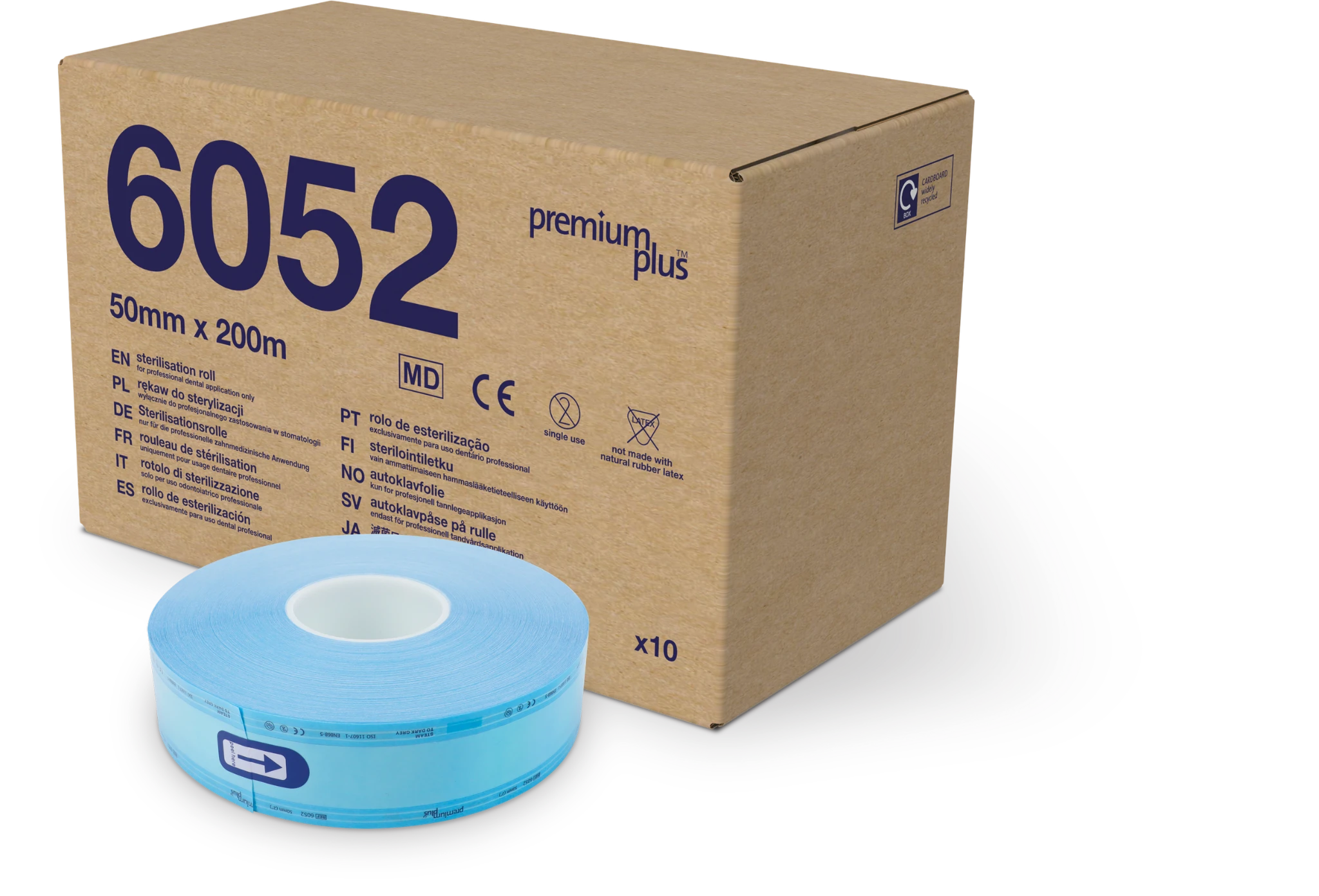 Sterilisationsrolle 6052 – Verpackungseinheit 10 Rollen à 200 m Sterilisationsrolle Premium Plus 6052 – Box mit 10 Rollen, 50 mm x 200 m