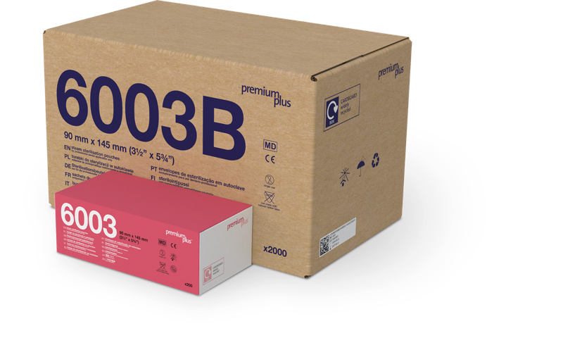 Premium Plus Sterilisationsbeutel 6003B – 90 × 145 mm, Großpackung und Einzelkarton Premium Plus Sterilisationsbeutel 6003B – Größe 90 × 145 mm in Einzelkarton und Versandkarton. CE-zertifiziert, MD, latexfrei, geeignet für die Dampfsterilisation.