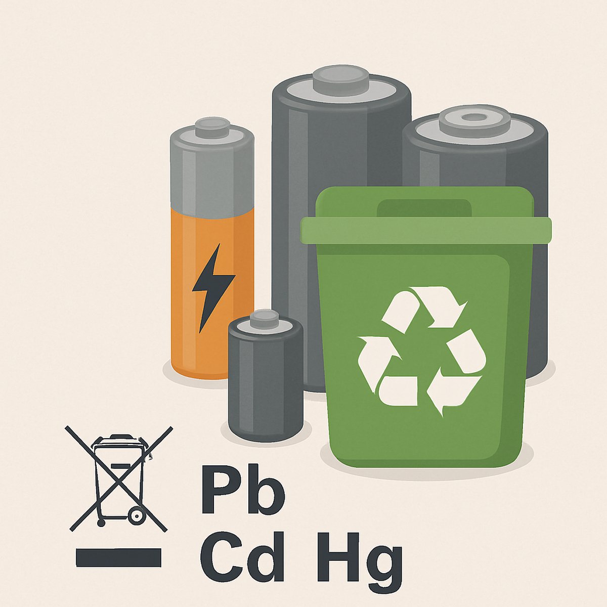 Illustration zur Batterieentsorgung mit verschiedenen Batterien, einem Recyclingbehälter und Symbolen für Blei (Pb), Cadmium (Cd) und Quecksilber (Hg). Zusätzlich durchgestrichene Mülltonne als Hinweis auf gesonderte Entsorgungspflicht.