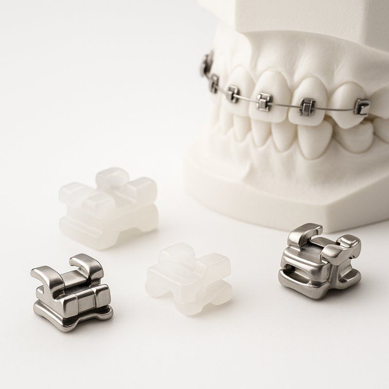 Metall- und Keramikbrackets für kieferorthopädische Behandlungen vor einem weißen Zahnmodell mit eingesetzter Zahnspange.